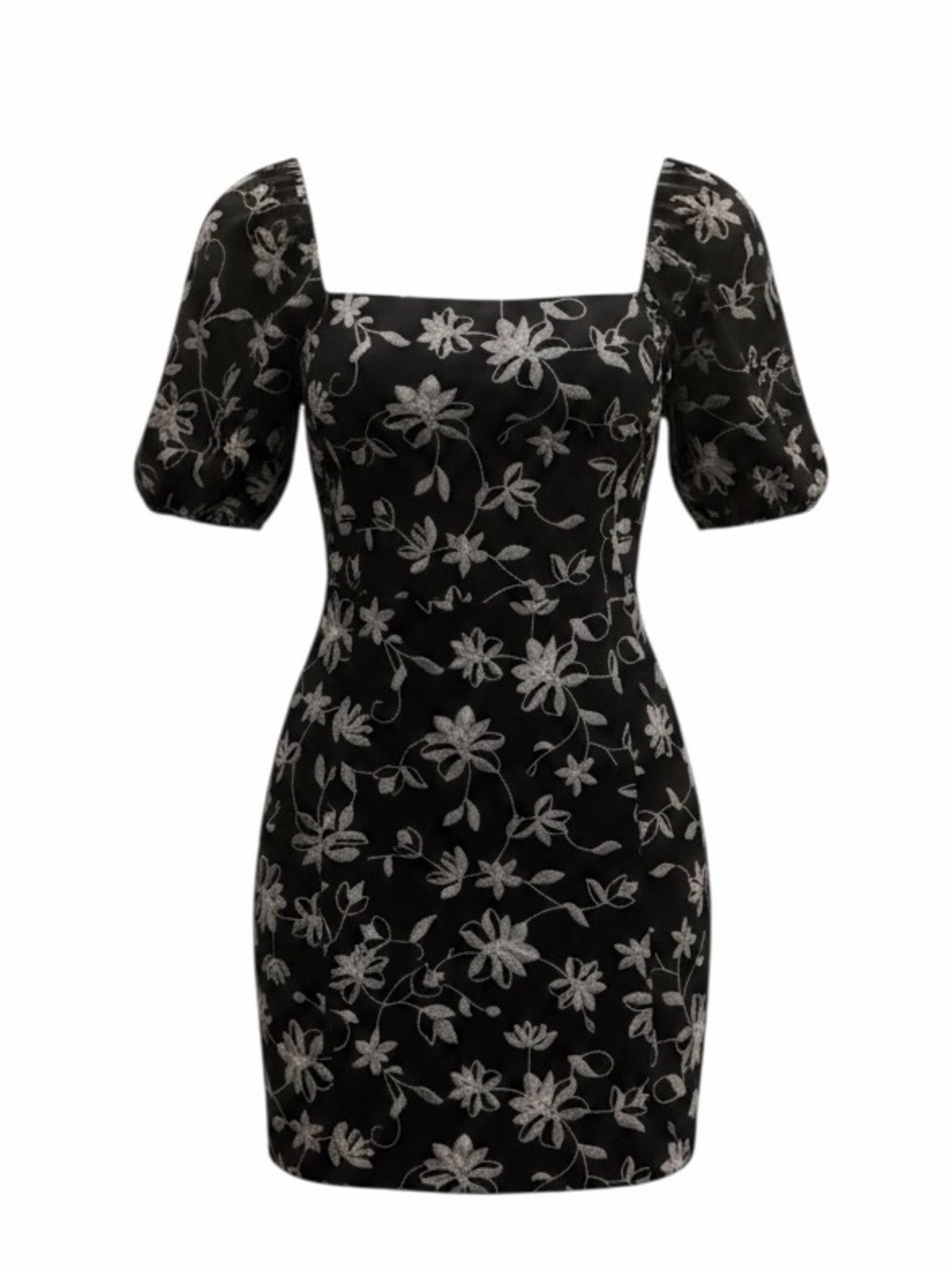 Blue Rain Black Floral Square-Neck Mini Dress with White Embroidery
